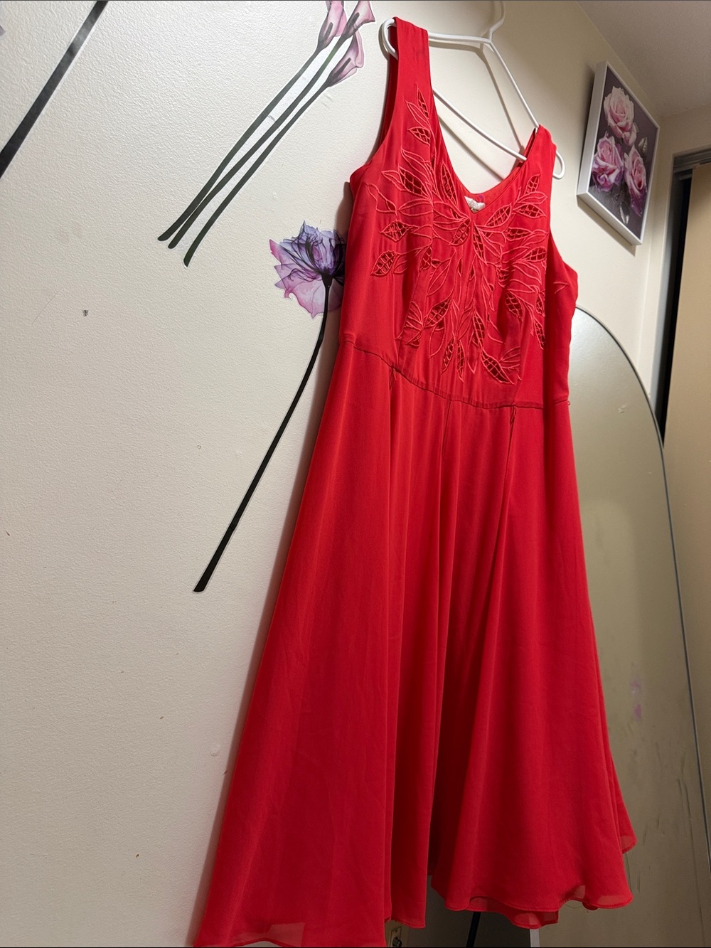 Red Sleeveless Midi Dress with Embroidered Bodice